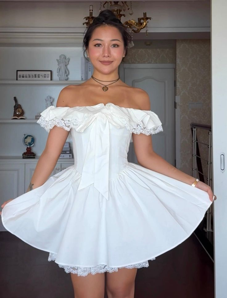 Off The Shoulder White Lace Homecoming Dressmini 18th Birthday Outfit J8152