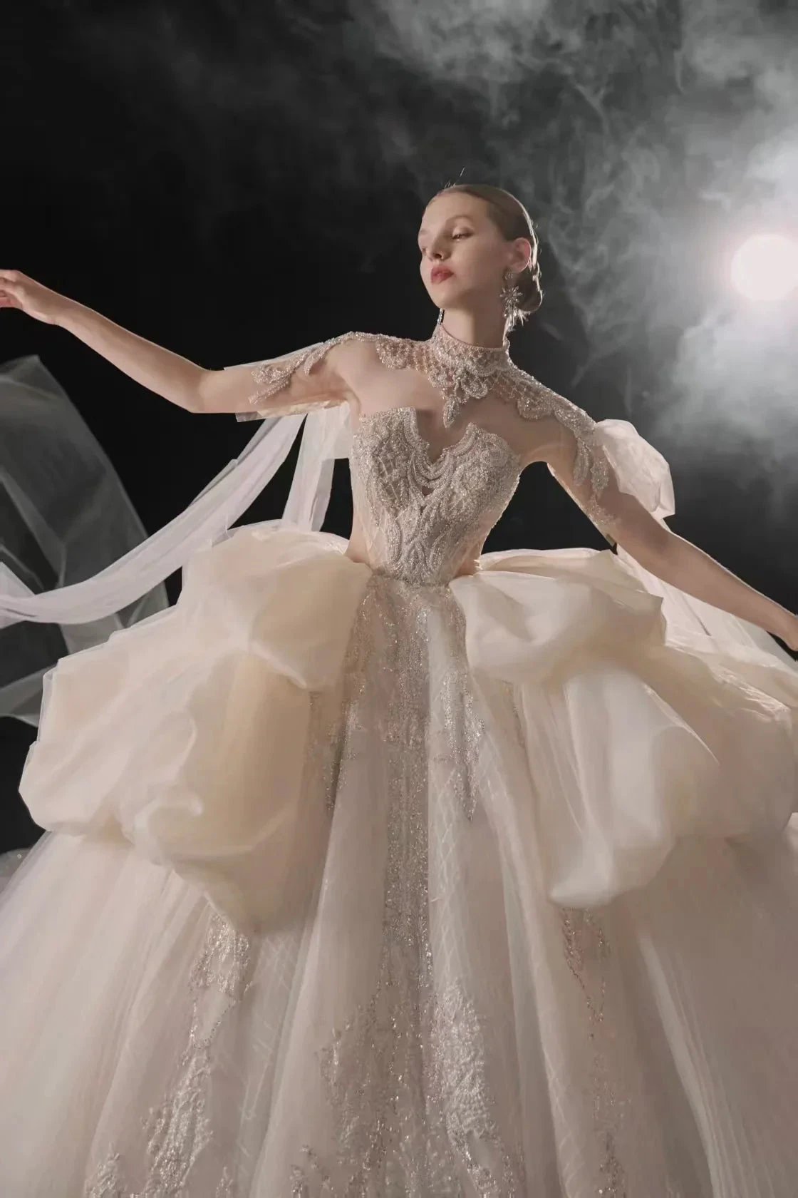 Opulent High-Neck Ball Gown Beaded Mesh Capelet Ruffled Skirt Wedding Dress with Sparkling Train (ZD16907)