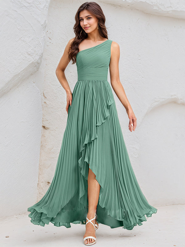 Mist Blue A-Line Chiffon One-Shoulder Sleeveless Asymmetrical Length Dress With Slit - FashionDia