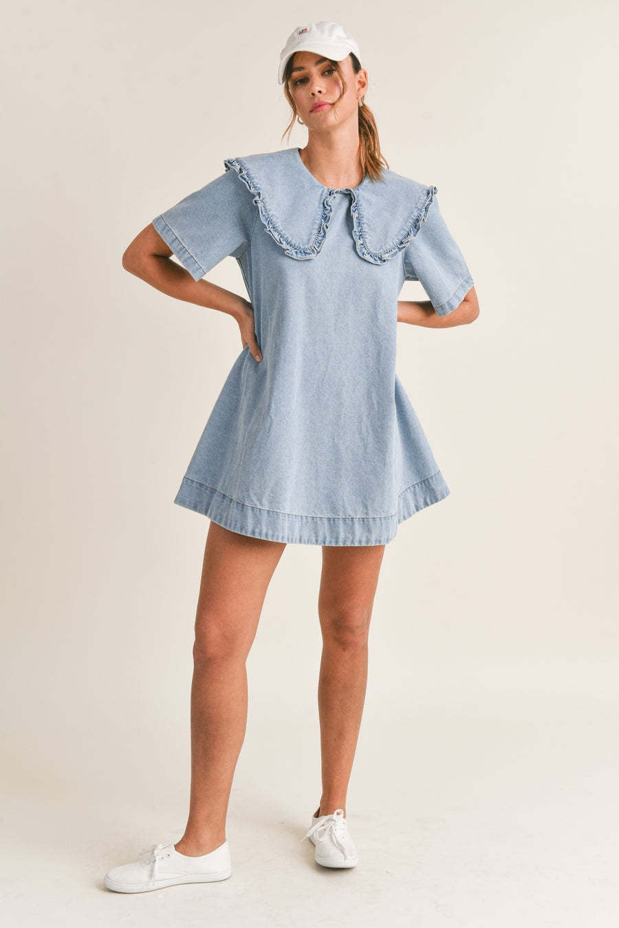 Ruffled Collar Denim Dress - View 5 | VelvetHem