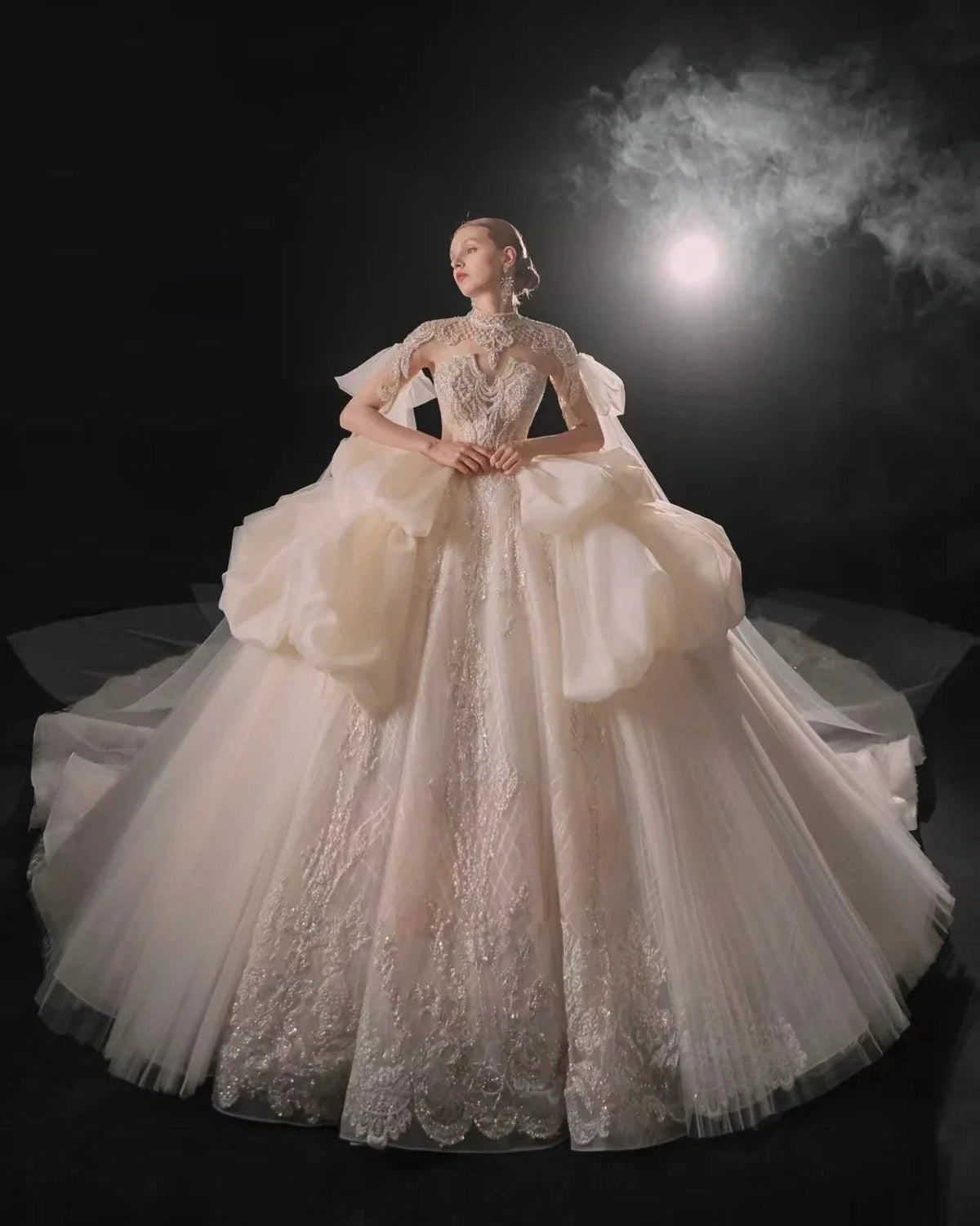 Opulent High-Neck Ball Gown Beaded Mesh Capelet Ruffled Skirt Wedding Dress with Sparkling Train (ZD16907)