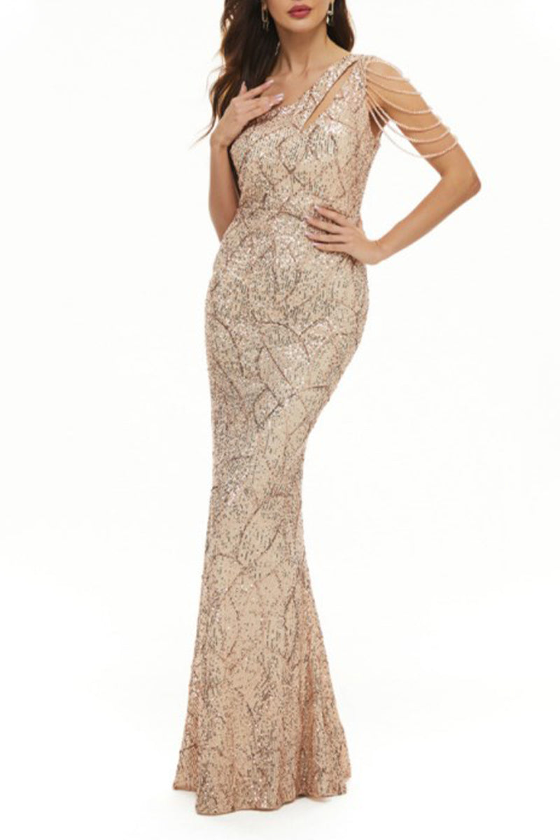 Celebrities Elegant Solid Sequins Oblique Collar Evening Dress Dresses - View 2 | VelvetHem