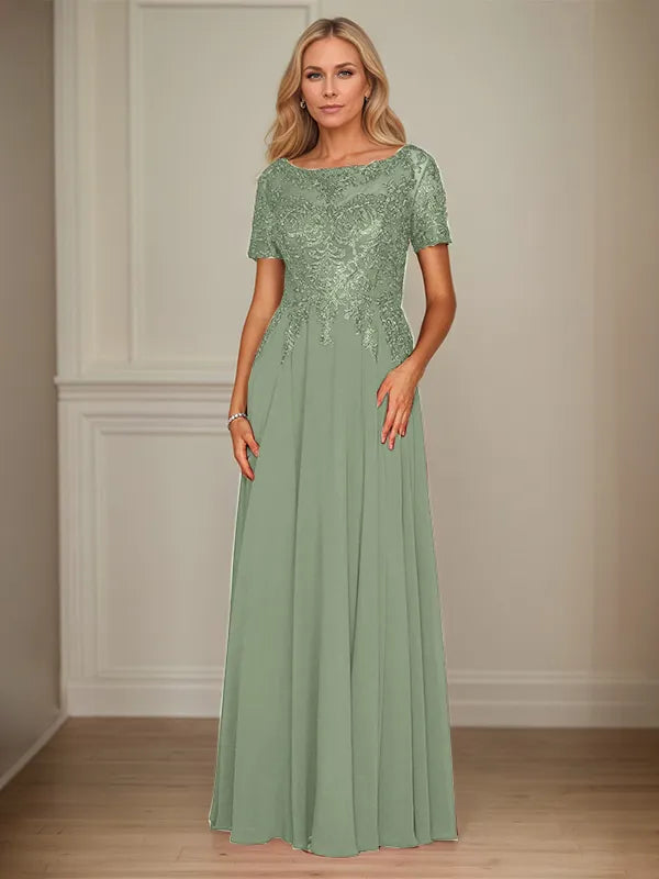 A-Line Chiffon Boat Neck Short Sleeves Floor-Length Mother of the Bride Dresses - View 7 | FashionDia