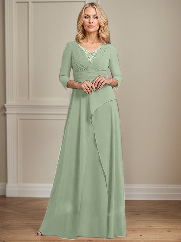A-line V-Neck Floor-Length Chiffon Mother of the Bride Dress With Pleated Beading - View 12 | FashionDia