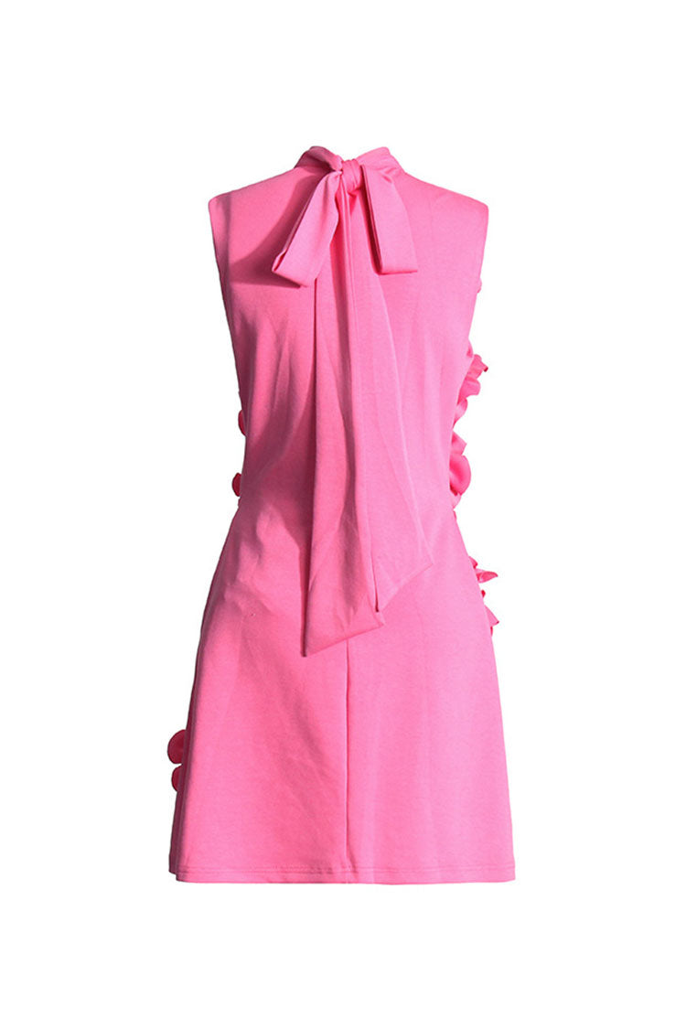 Celebrity Bow Tie Neck Rosette Sleeveless A Line Crepe Party Mini Dress - Fashionpara