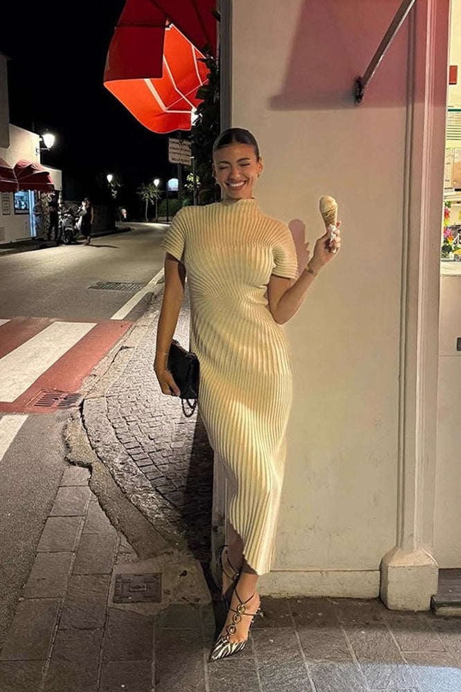 Solid Ribbed Pleated Slit Slim Elegant Sweater Dress - View 4 | VelvetHem