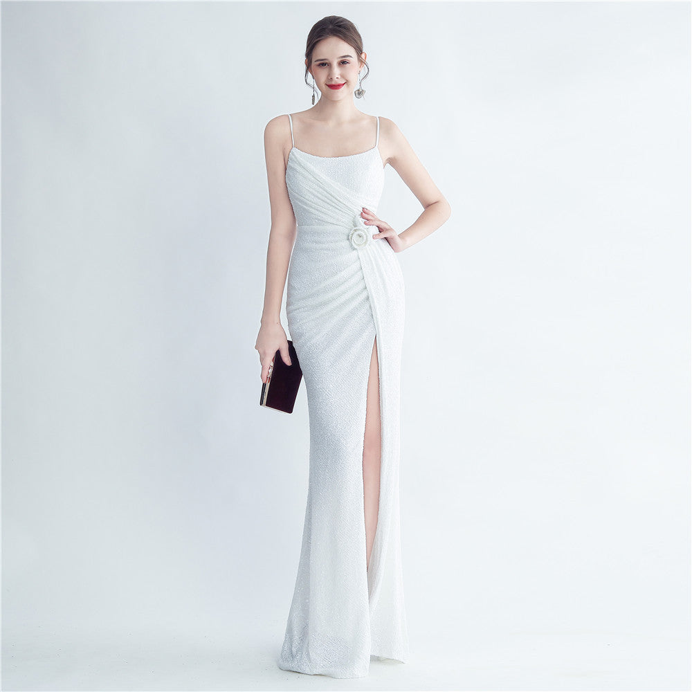 Gathers Sequ Handmade Floral Split Sling Simple Evening Dress - View 7 | VelvetHem
