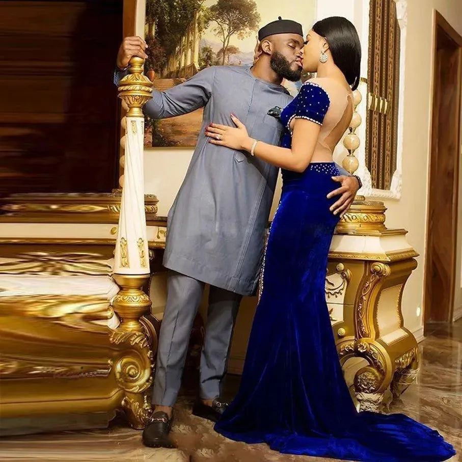 Royal Blue Mermaid Evening Dress V-Neck Off The Shoulder Sequineds Prom Gown Side Slit Floor Length Algerian Outfit