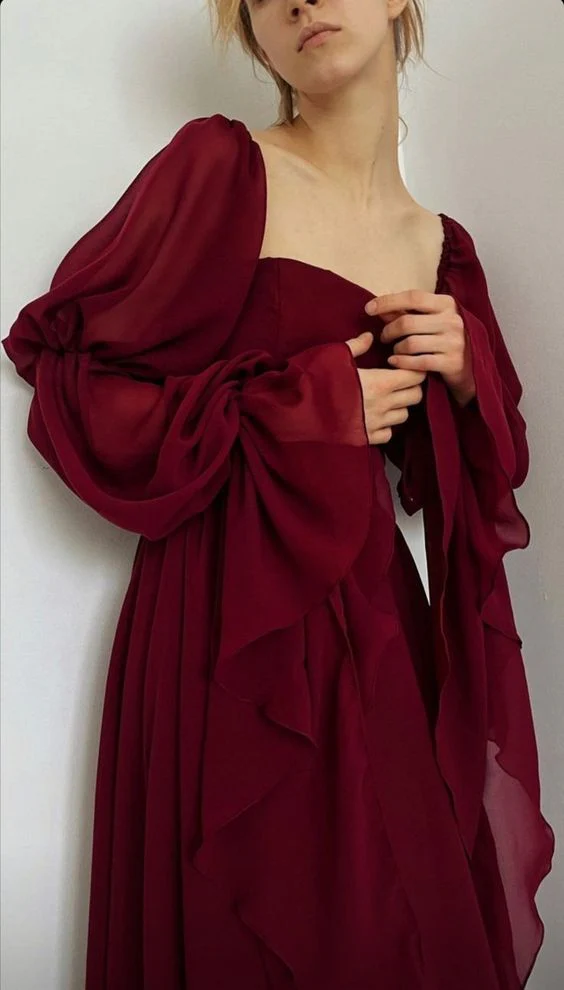 Vintage Burgundy Long A-Line Prom Dress Romantic Evening Dress Party Gown - View 2 | FashionDia