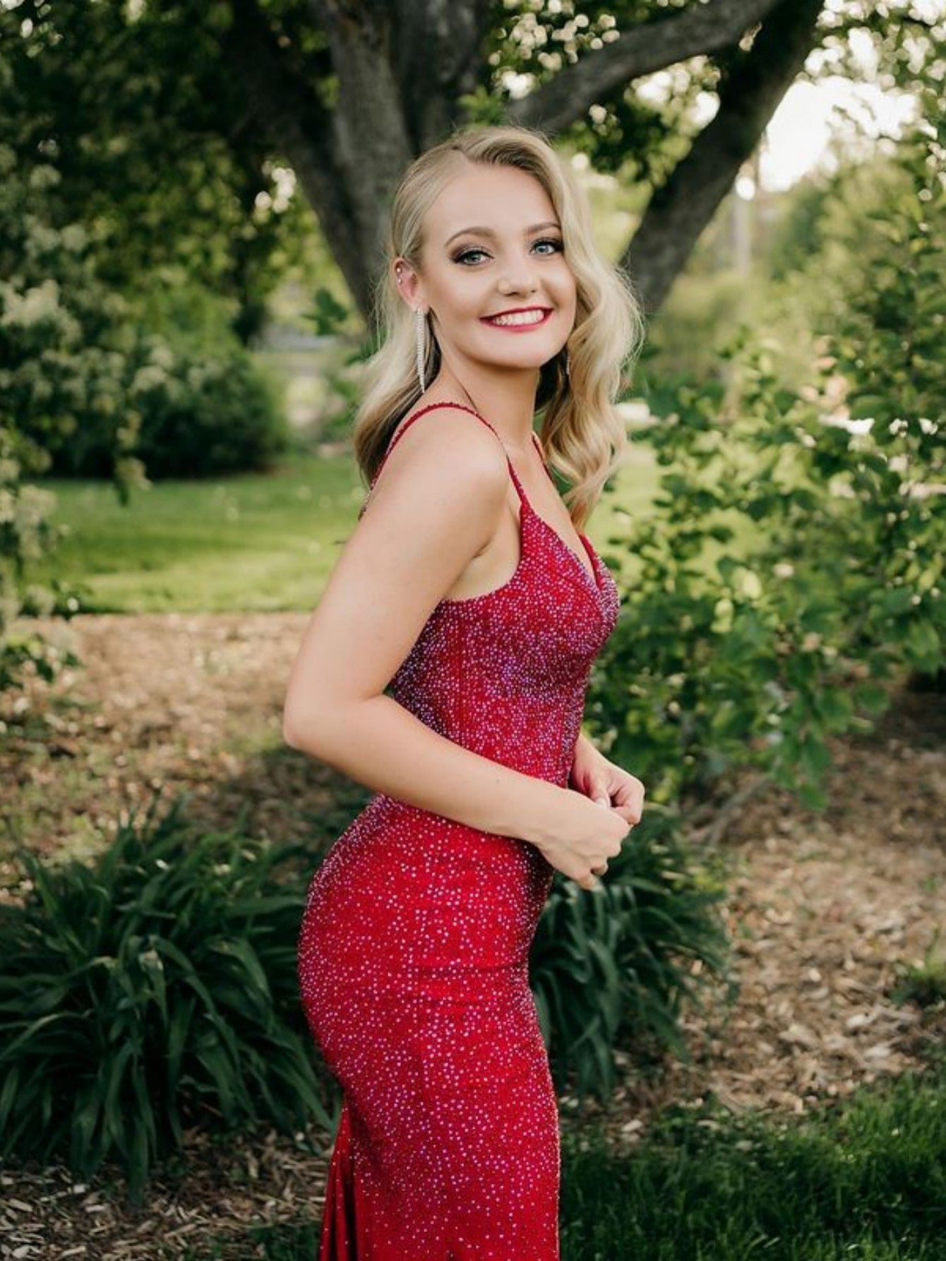 V Neck Glitter Mermaid Red Backless Prom Dress - Fashionpara