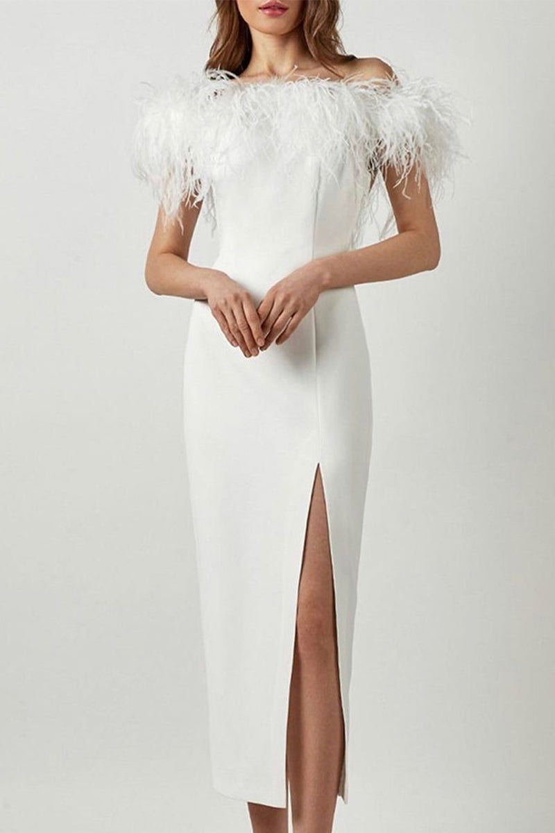 Celebrities Elegant Solid Feathers Zipper Off the Shoulder Evening Dress Dresses - VelvetHem