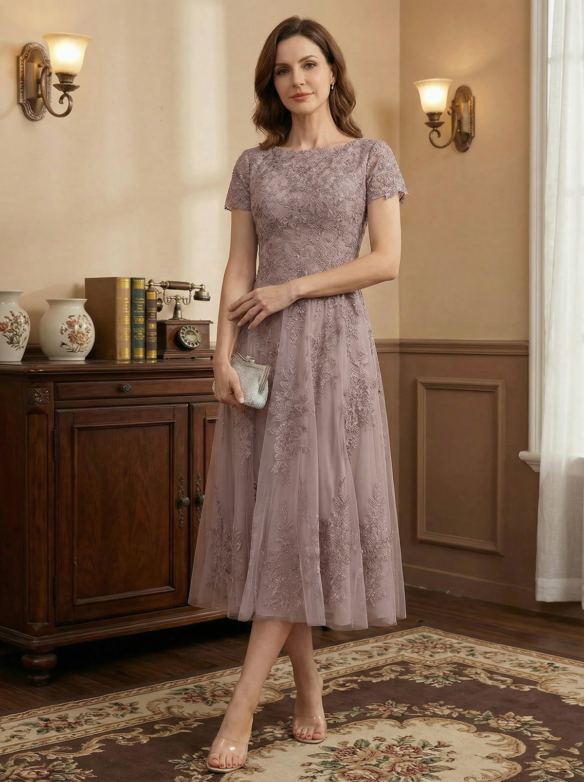 A-line Scoop Tea-Length Tulle Lace Mother of the Bride Dress - View 5 | FashionDia