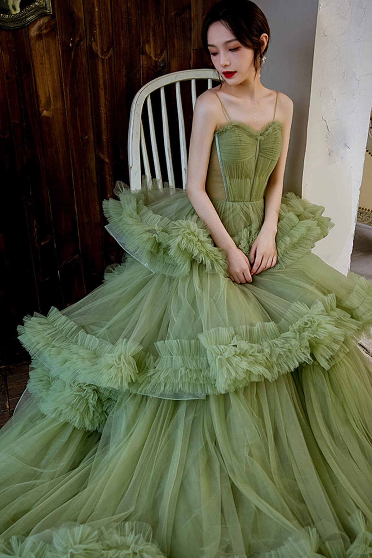 Green tulle long A-Line prom dress green evening dress - View 5 | FashionDia