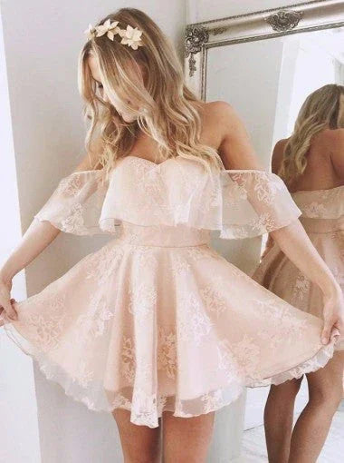 A-Line Off Shoulder Mid Back Lace Homecoming Dresses (ZD11587)