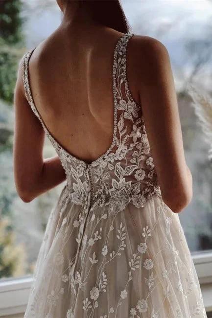 Champagne A-line Floor Length Straps V-neck Wedding Dress (ZD14940)