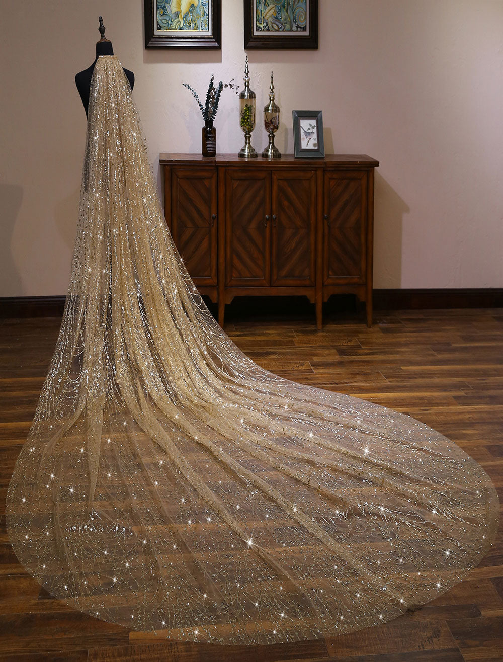 Champagne Cathedral Lace Sparkling Waterfall One Tier Cut Edge Wedding Veils