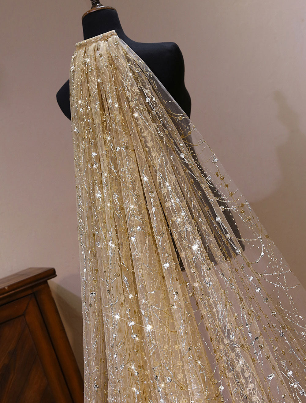 Champagne Cathedral Lace Sparkling Waterfall One Tier Cut Edge Wedding Veils