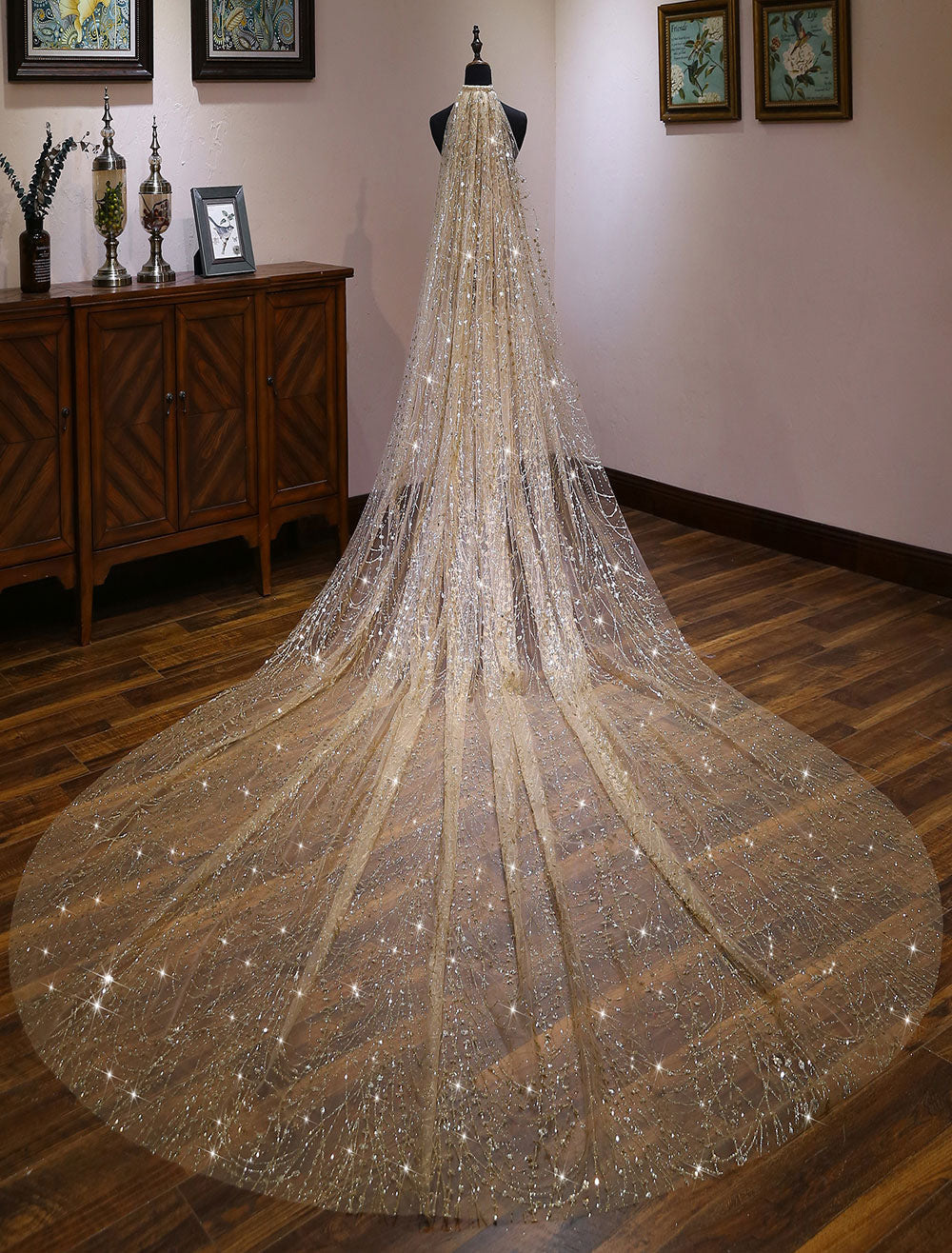 Champagne Cathedral Lace Sparkling Waterfall One Tier Cut Edge Wedding Veils