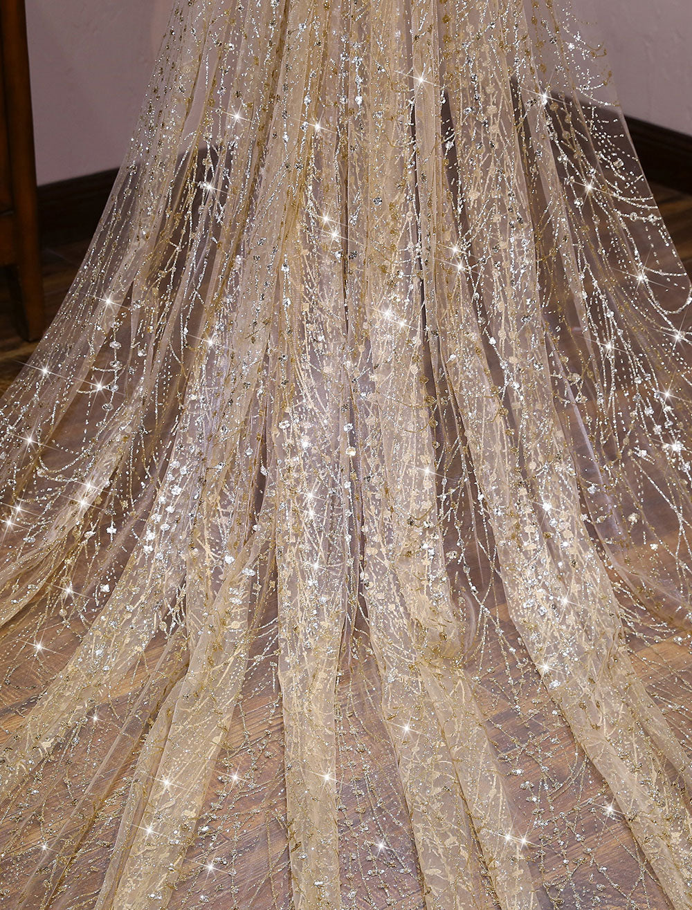 Champagne Cathedral Lace Sparkling Waterfall One Tier Cut Edge Wedding Veils