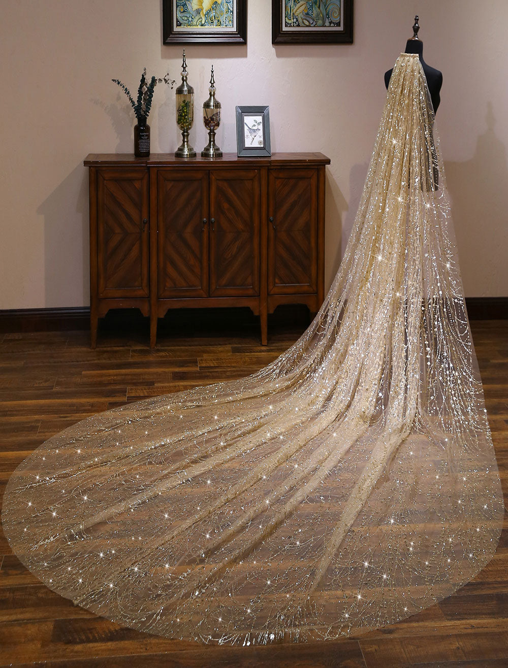 Champagne Cathedral Lace Sparkling Waterfall One Tier Cut Edge Wedding Veils