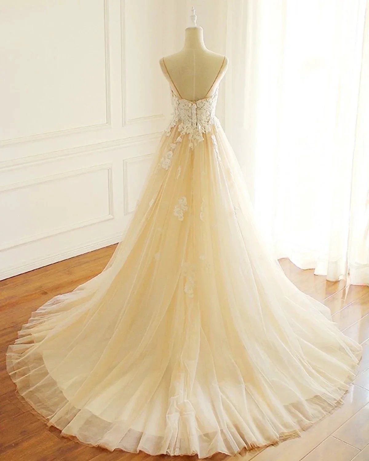 Champagne Long A-line Sweetheart Tulle Spaghetti Sweep Train Wedding Dress (ZD15824)