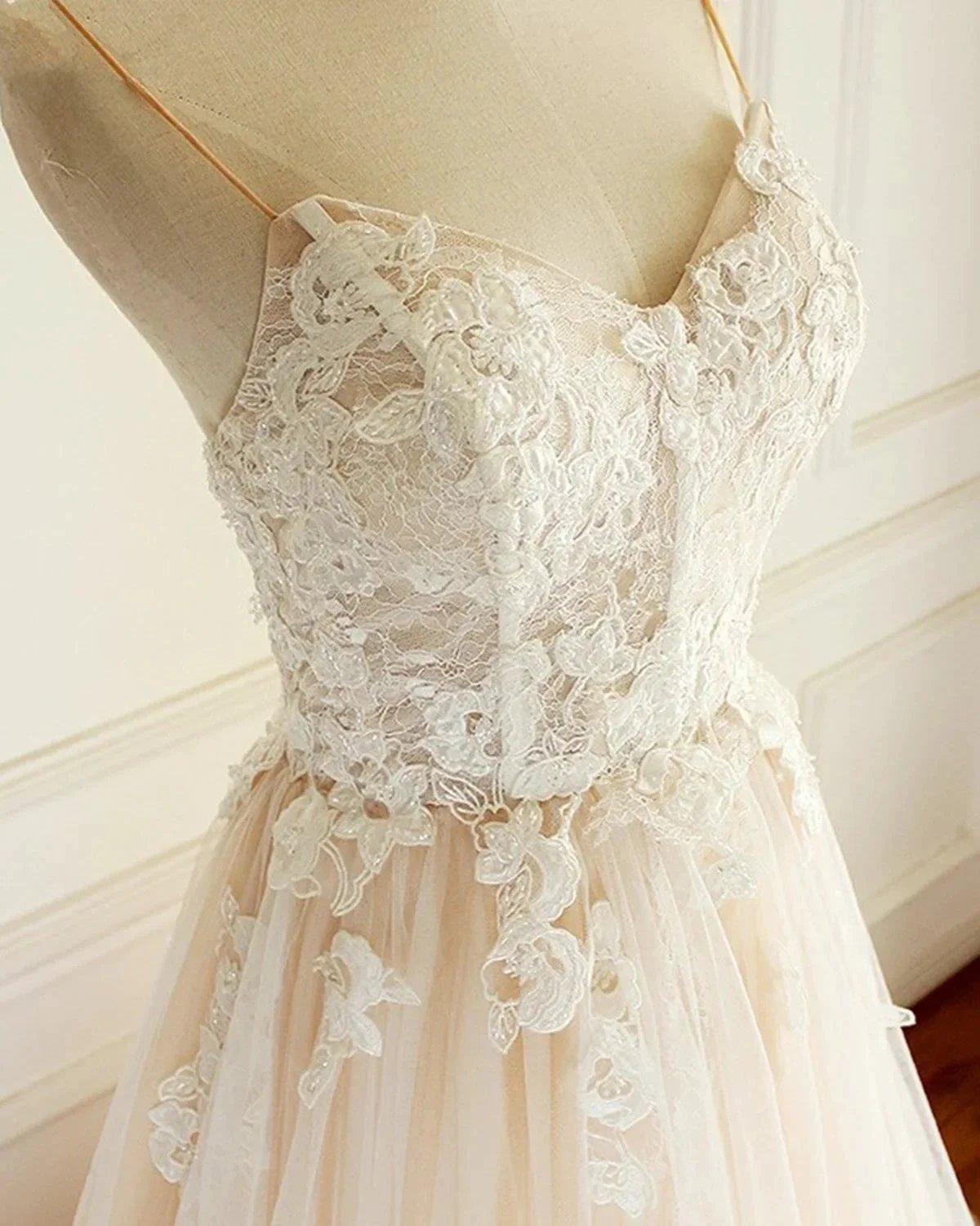 Champagne Long A-line Sweetheart Tulle Spaghetti Sweep Train Wedding Dress (ZD15824)