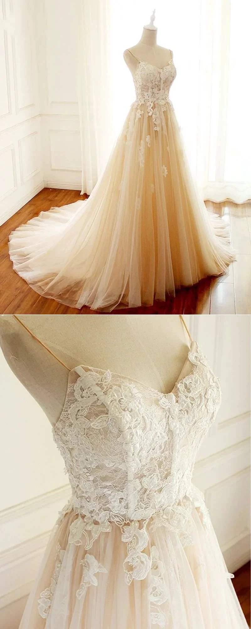 Champagne Long A-line Sweetheart Tulle Spaghetti Sweep Train Wedding Dress (ZD15824)