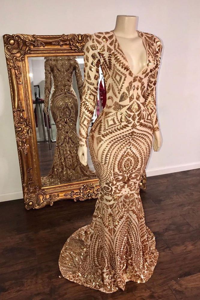 Champagne Sequins V-neck Long Sleevess Mermaid Prom Dresses