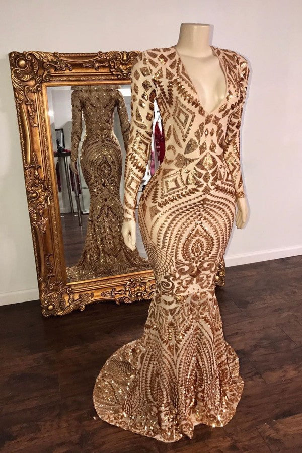 Champagne Sequins V-neck Long Sleevess Mermaid Prom Dresses