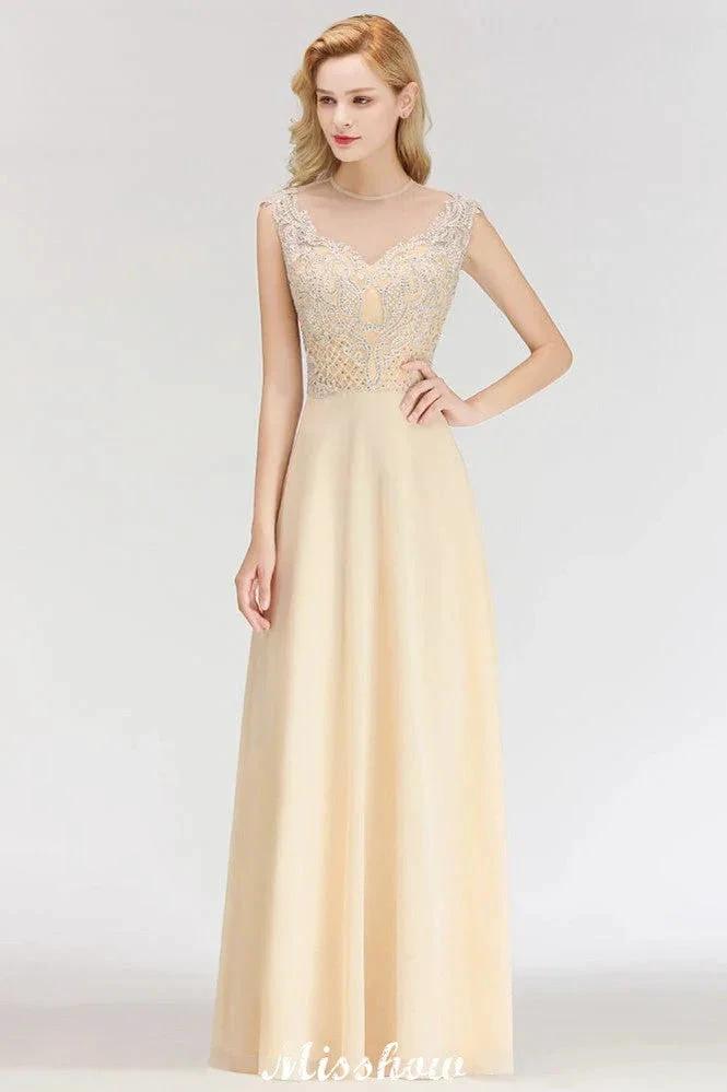Champagne Sleeveless A-Line Crystal Jewel Bridesmaid Dresses Floor Length Party Dress (ZD12926)