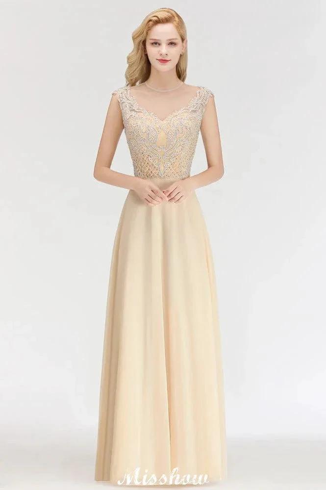 Champagne Sleeveless A-Line Crystal Jewel Bridesmaid Dresses Floor Length Party Dress by misshow.com