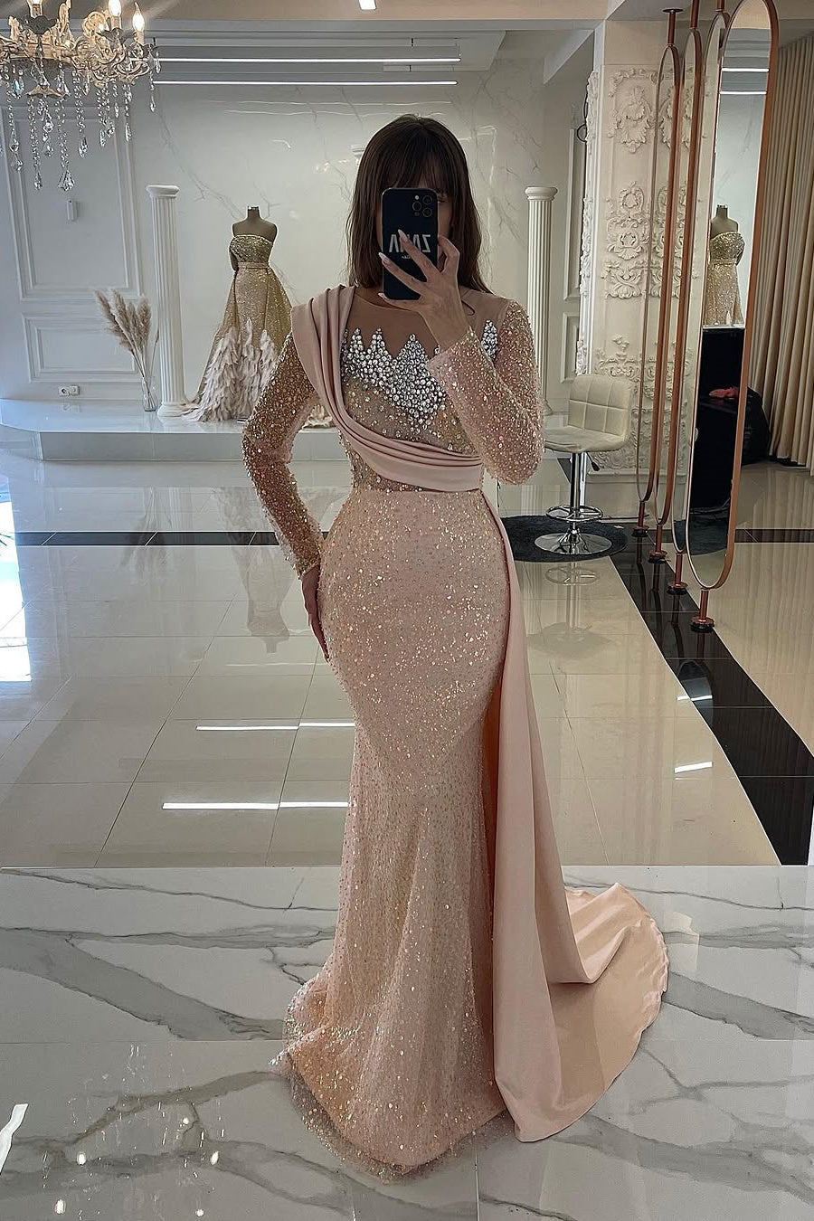 Champange Mermaid Long Sleeves Sequin Floor-Length Evening Dresses
