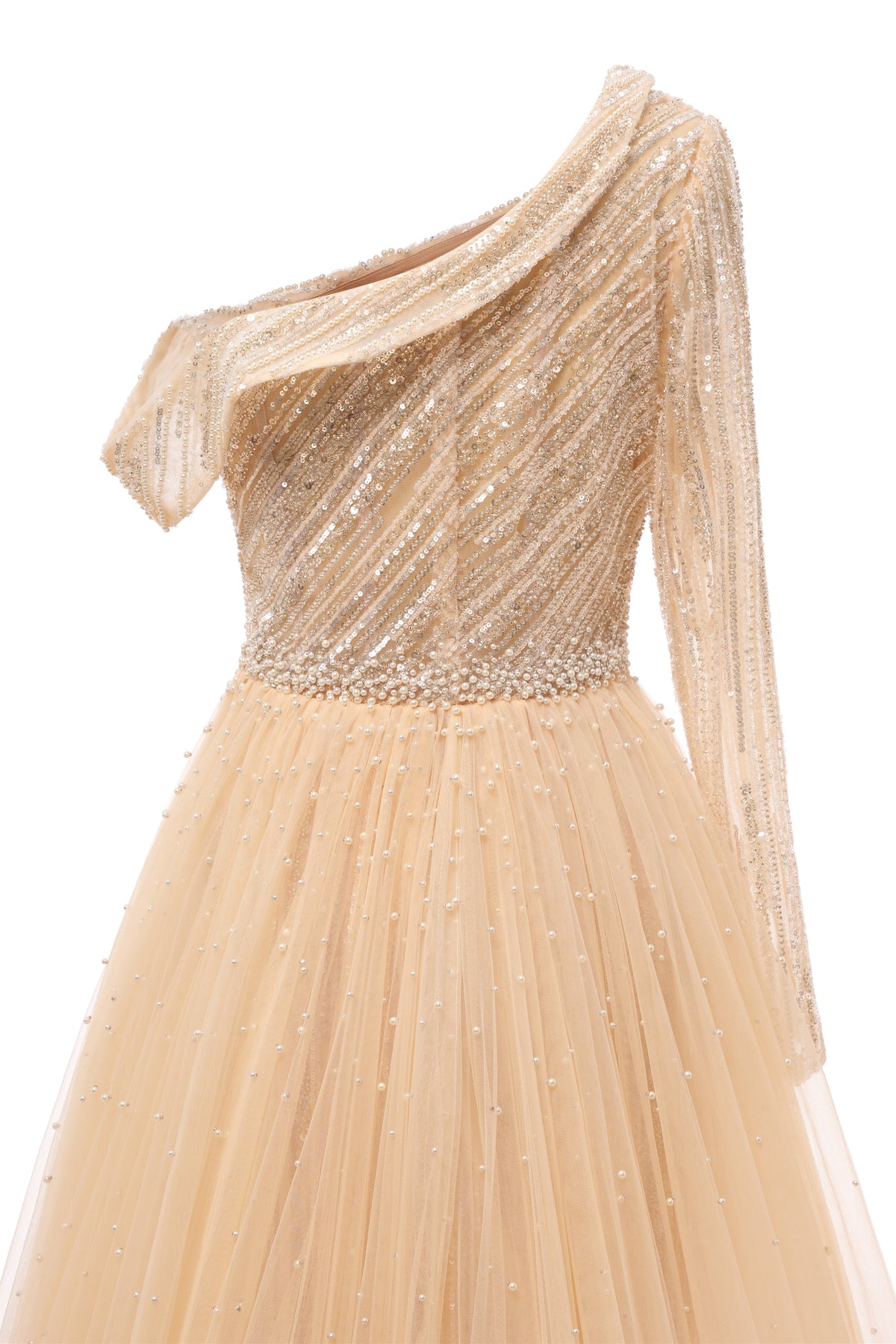 Champange One shoulder Overskirt Beaded Evening Dresses
