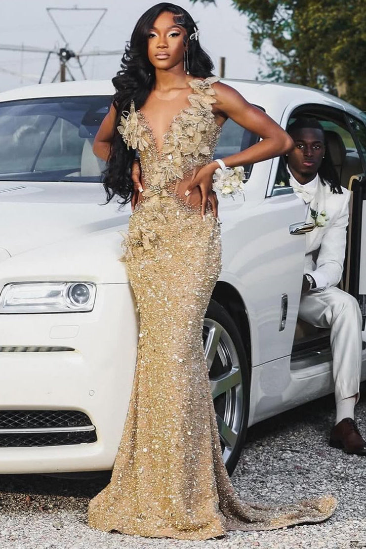 Champange Sleeveless Flowers Sequin Column Floor-Length Sparkle Prom Dresses