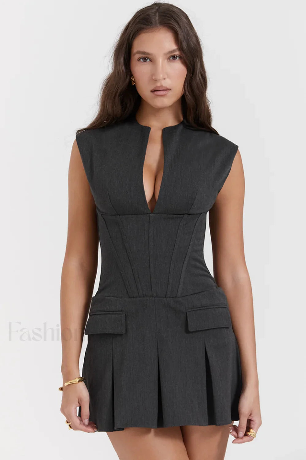 Charcoal Gray Stylish Pleated Belted Dress