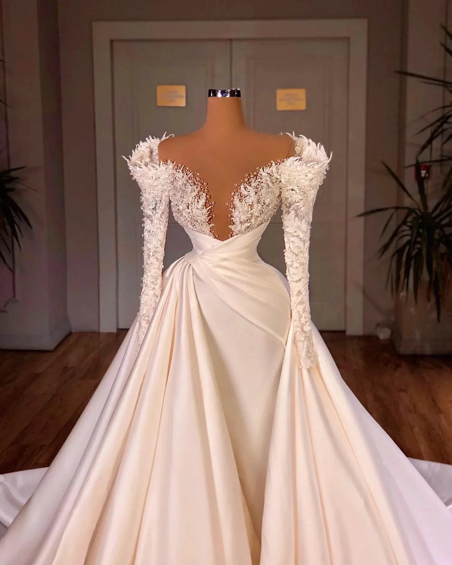 Charming A-Line Cathedral V-neck Long Wedding Dress With Long Sleeves (ZD14912)