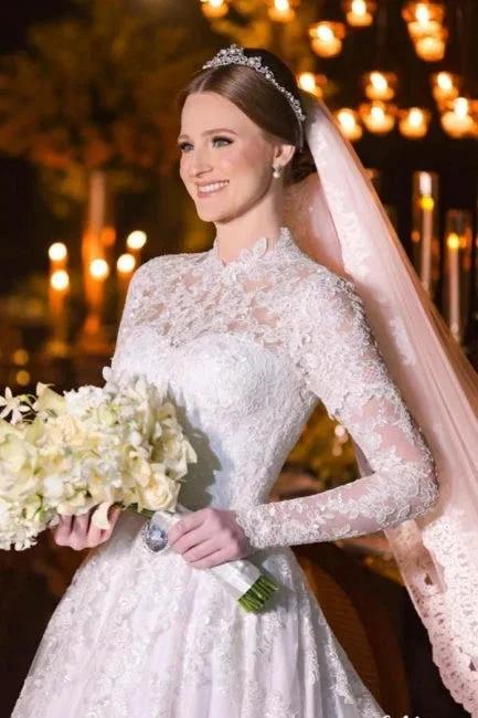 Charming A-Line Lace High Neck Long Sleeve White Wedding Dresses With Appliques (ZD16649)