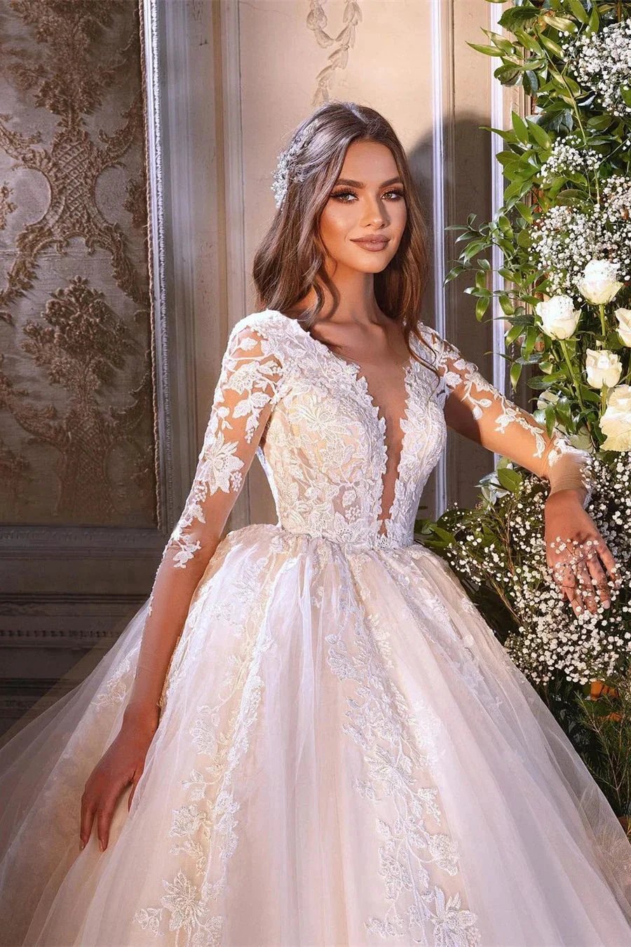 Charming A-line Long Sleeves V-neck Lace Wedding Dress With Train (ZD14511)