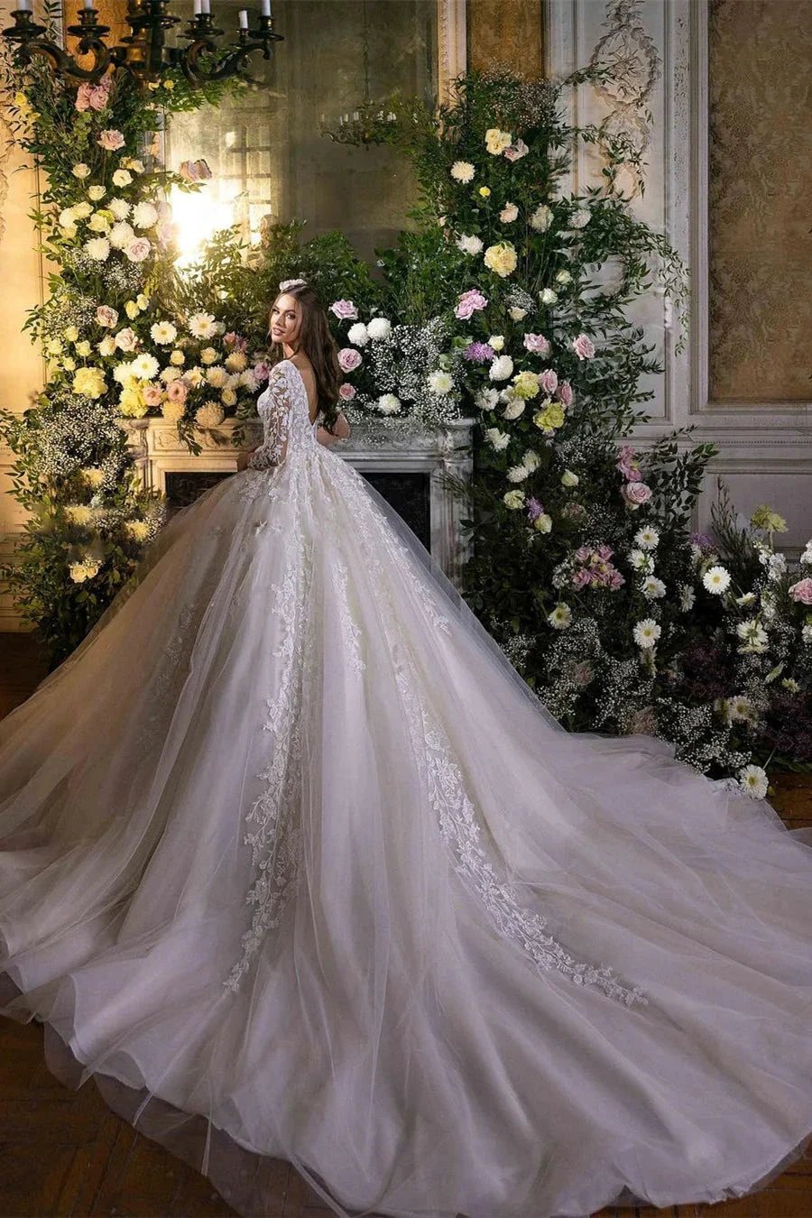 Charming A-line Long Sleeves V-neck Lace Wedding Dress With Train (ZD14511)