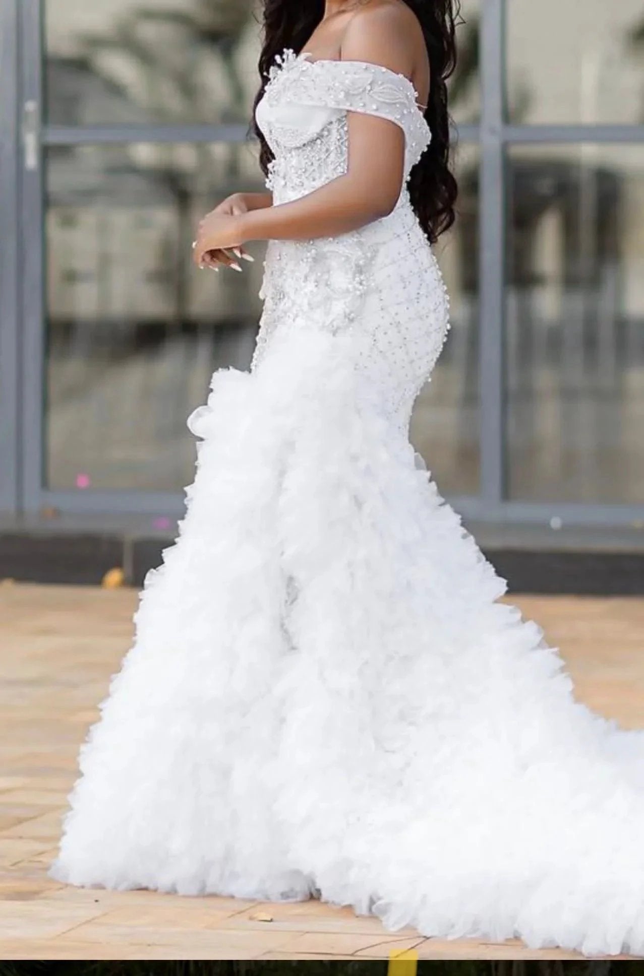 Charming A-line Off the Shoulder Wedding Dress with Chapel Train (ZD14944)