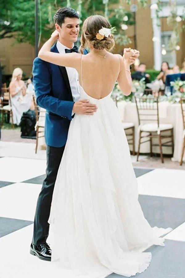 Charming A Line V Neck Backless Ivory Tulle Wedding Dresses (ZD15383)