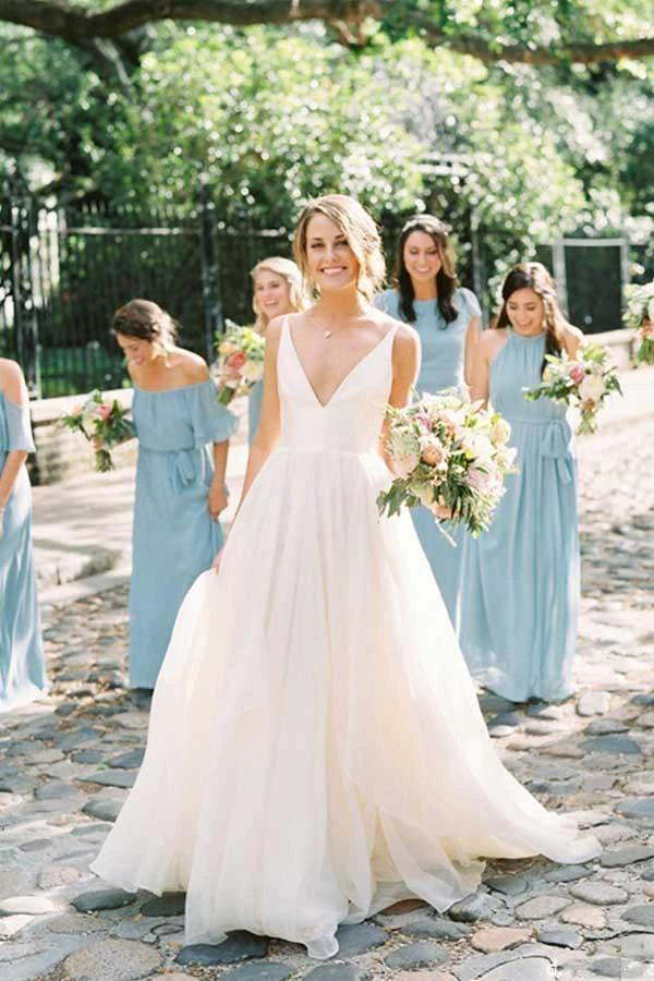 Charming A Line V Neck Backless Ivory Tulle Wedding Dresses (ZD15383)