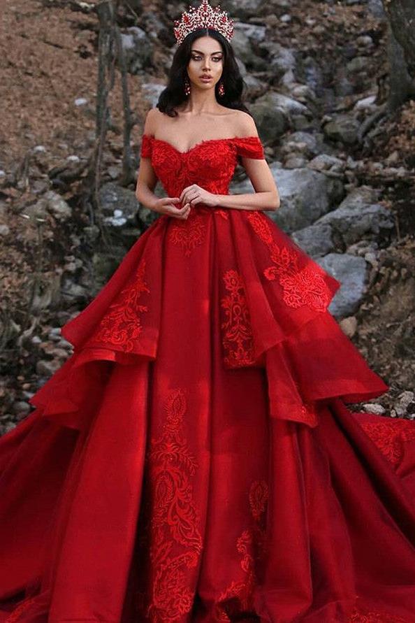Charming Ball Gown Appliques Off-the-Shoulder Sleeveless Prom Party Gowns