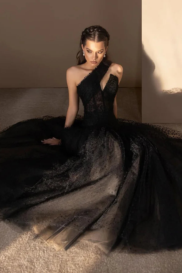 Charming Black One-Shoulder Sleeveless Tulle Prom Dresses A-Line Long With Pleats