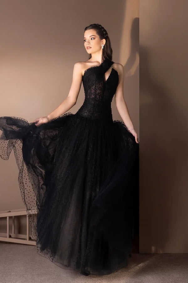 Charming Black One-Shoulder Sleeveless Tulle Prom Dresses A-Line Long With Pleats