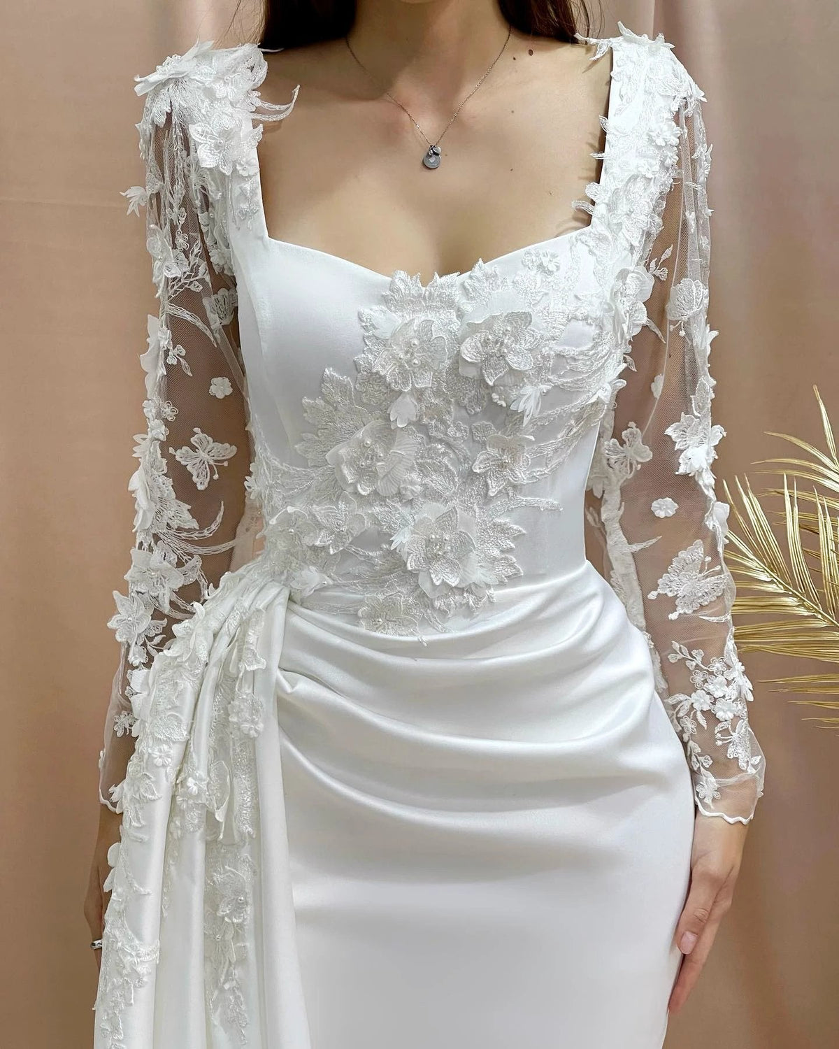 Charming Column Off-the-shoulder Long Sleeve Appliques Satin Lace Wedding Dresses (ZD15554)