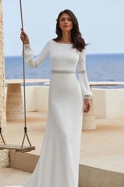 Charming Column Satin Long Sleeve White Wedding Dresses With Appliques (ZD16657)