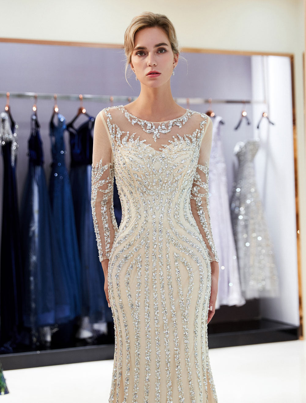 Charming Evening Dresses Long Sleeve Light Grey Mermaid Beading Illusion Luxury Formal Gowns