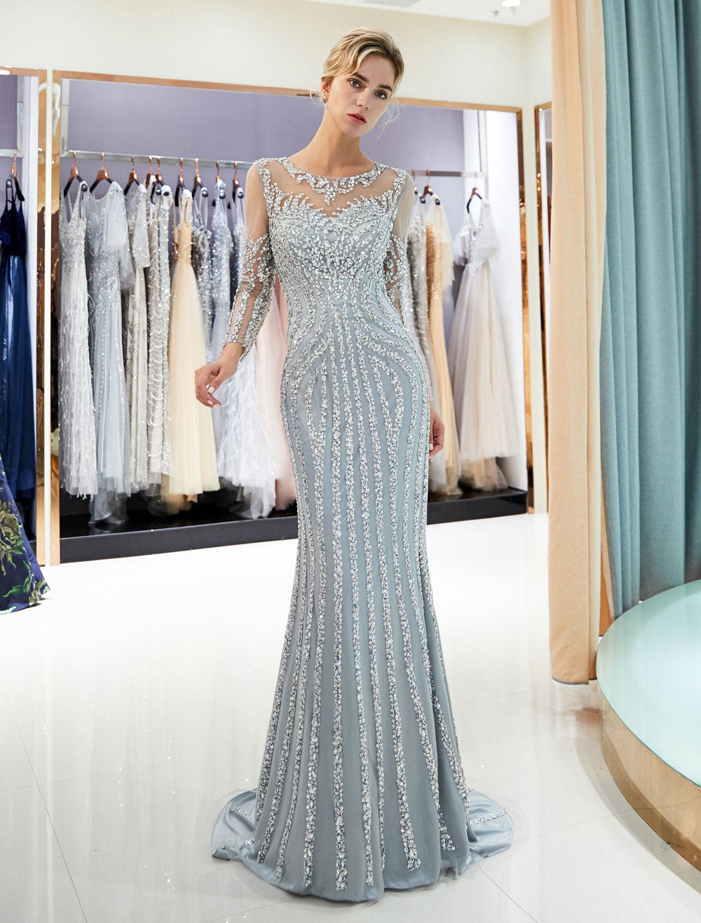 Charming Evening Dresses Long Sleeve Light Grey Mermaid Beading Illusion Luxury Formal Gowns