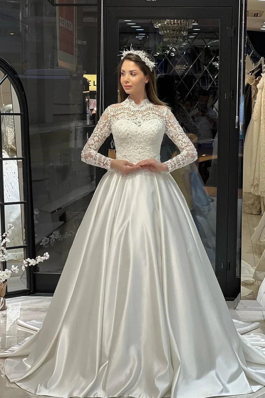 Charming Floor Length Crew Long Sleeves A-Line Satin Wedding Dress with Ruffles (ZD14796)